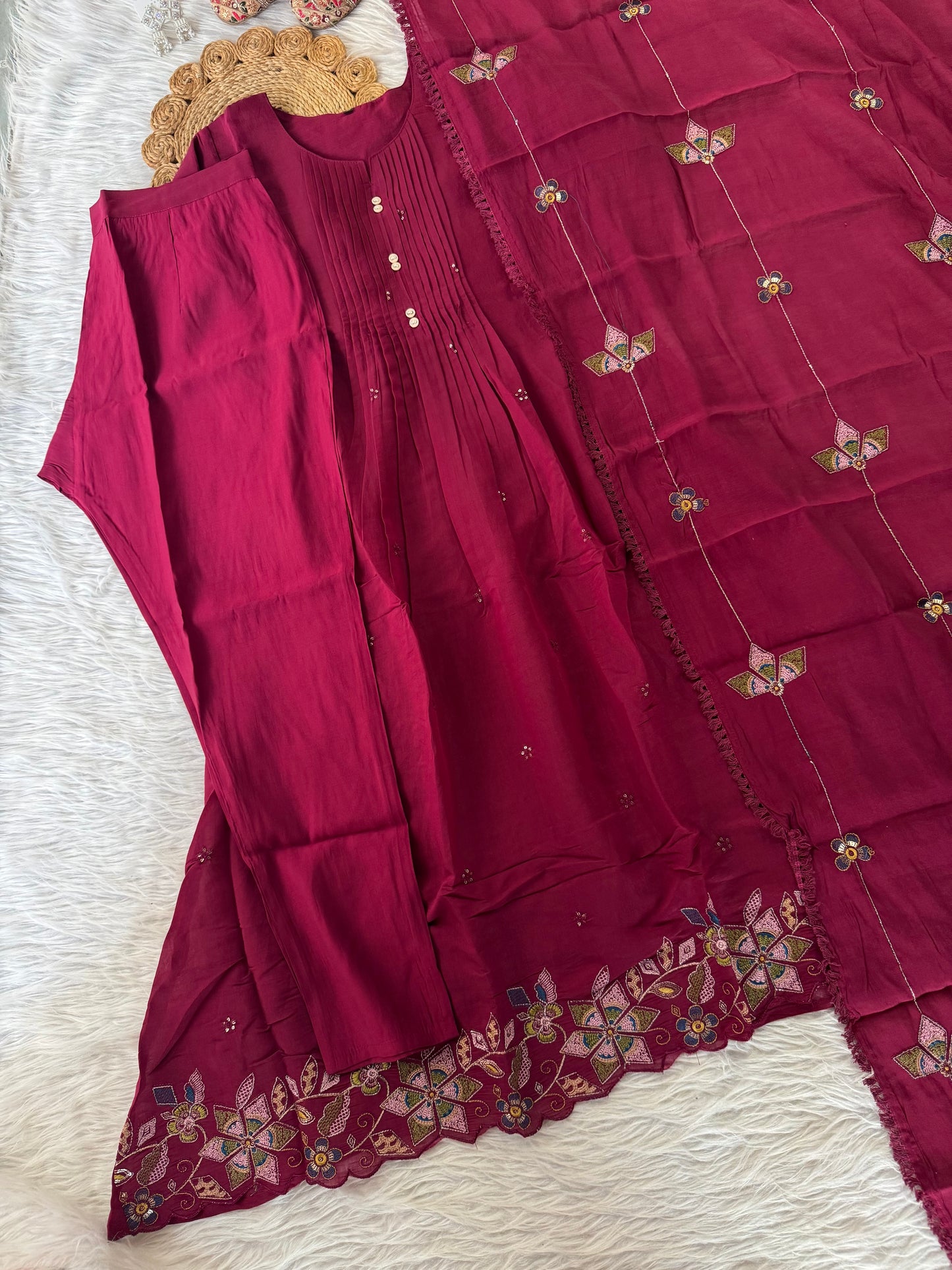 MD-197
"Embrace elegance in every thread – this ensemble features delicate pintucks, floral embroidery, and a beautifully detailed dupatta, making it perfect for festive grace and everyday charm."