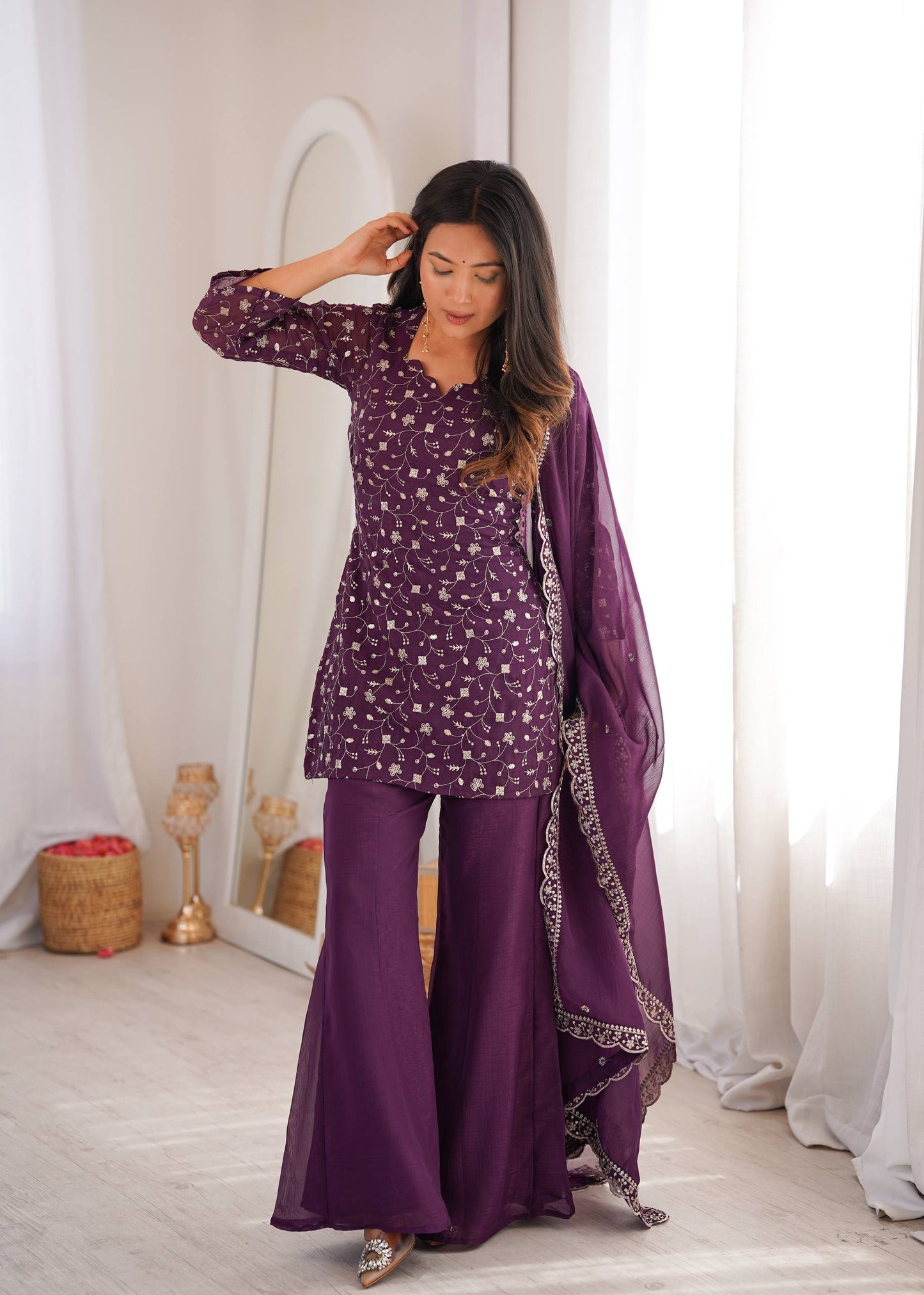 MD-264 That is a stunning ensemble! The grape hue is incredibly regal. Here are a few caption options depending on the vibe you want for your post: