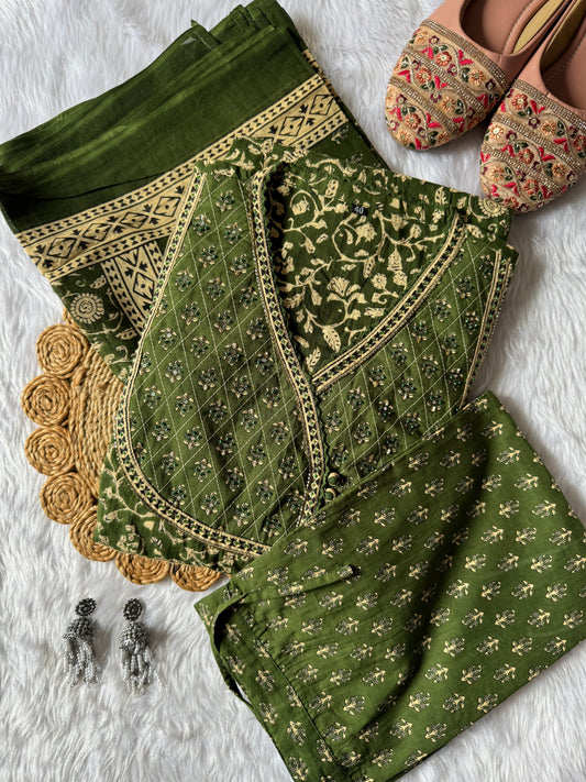 MD-183 elegance meets timeless tradition πΊβ¨
This beautifully printed suit set features intricate floral and paisley motifs with delicate gota-inspired borders β perfect for festive gatherings or a graceful day look.