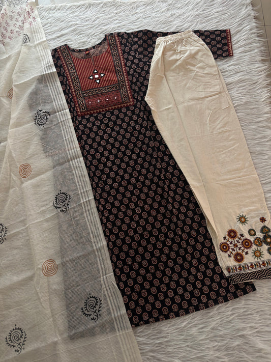 MD-268 "Effortless elegance in every stitch. ✨ This Ajrakh-inspired print kurta paired with classic cream trousers and a matching dupatta is the perfect blend of tradition and comfort. Ideal for office wear or a casual day out! 🌸"