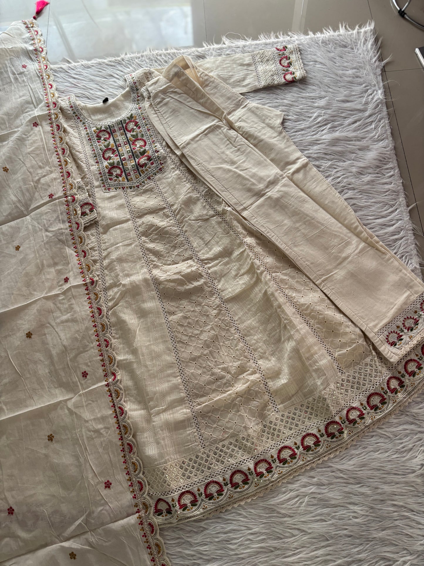 MD-249 Timeless charm in every thread. This ivory suit set features delicate embroidery and intricate lace detailing, perfect for making a subtle yet sophisticated statement. ✨