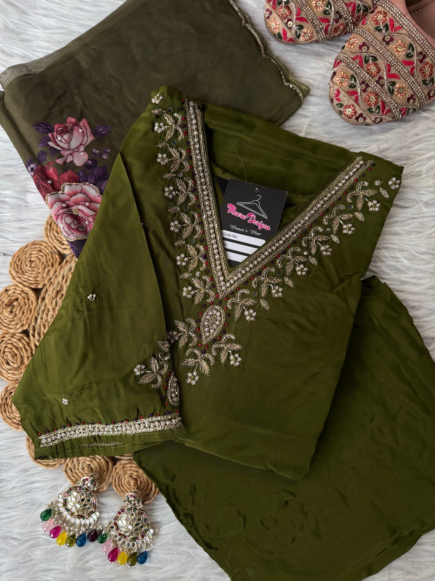 MD-207 "Grace in every detail – an elegant olive green ensemble with delicate embroidery, paired with a floral dupatta for a timeless ethnic charm. 🌿✨"