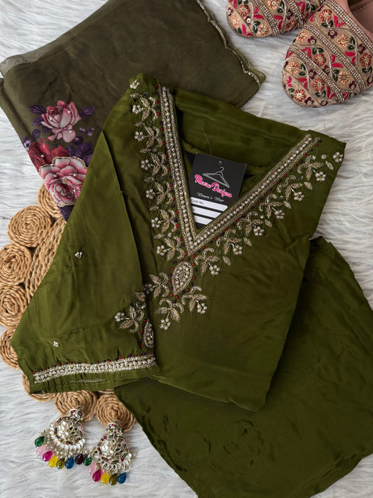 MD-207 "Grace in every detail – an elegant olive green ensemble with delicate embroidery, paired with a floral dupatta for a timeless ethnic charm. 🌿✨"