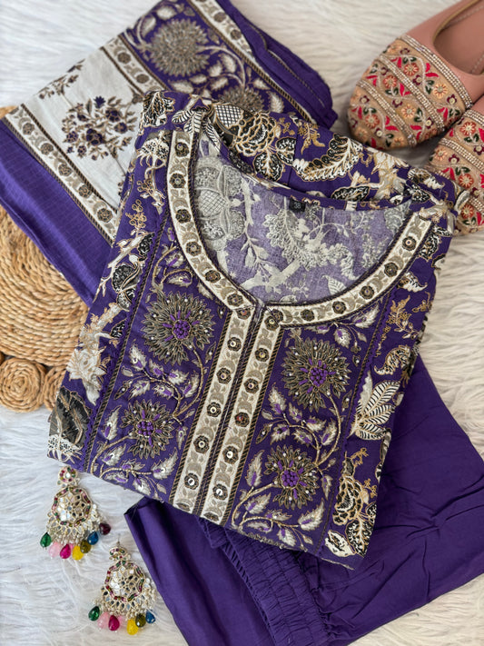 MD-190 
"Grace meets grandeur in this deep Rani pink  Anarkali set, featuring intricate floral prints and traditional borders — a perfect pick for festive charm and timeless elegance."
