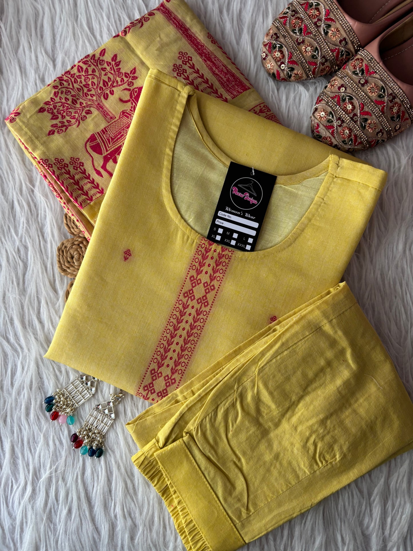 MD-258 Brighten up your wardrobe with this stunning three-piece ethnic ensemble. Crafted in a warm hue, this set perfectly balances traditional charm with a modern, clean silhouette.