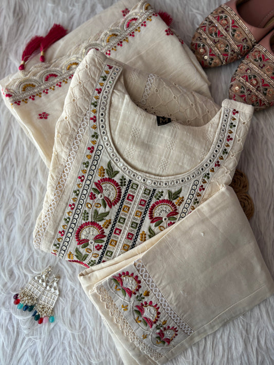 MD-249 Timeless charm in every thread. This ivory suit set features delicate embroidery and intricate lace detailing, perfect for making a subtle yet sophisticated statement. ✨