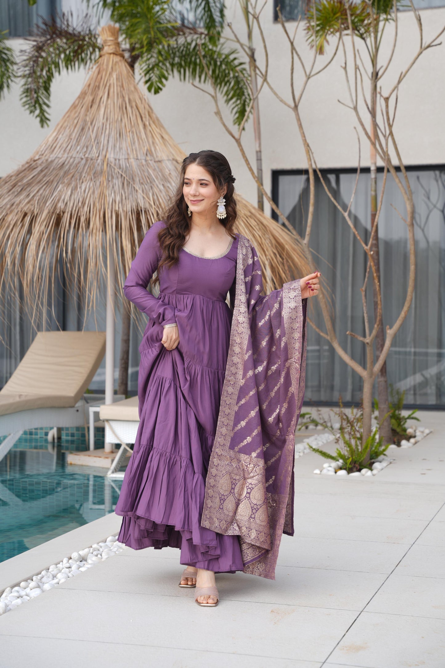 MD-164 PURE ROMANSILK CHANDERI FABRIC FULLY FLAIR ANARKALI,WITH DUPPTA SET,PENT READY TO WEAR