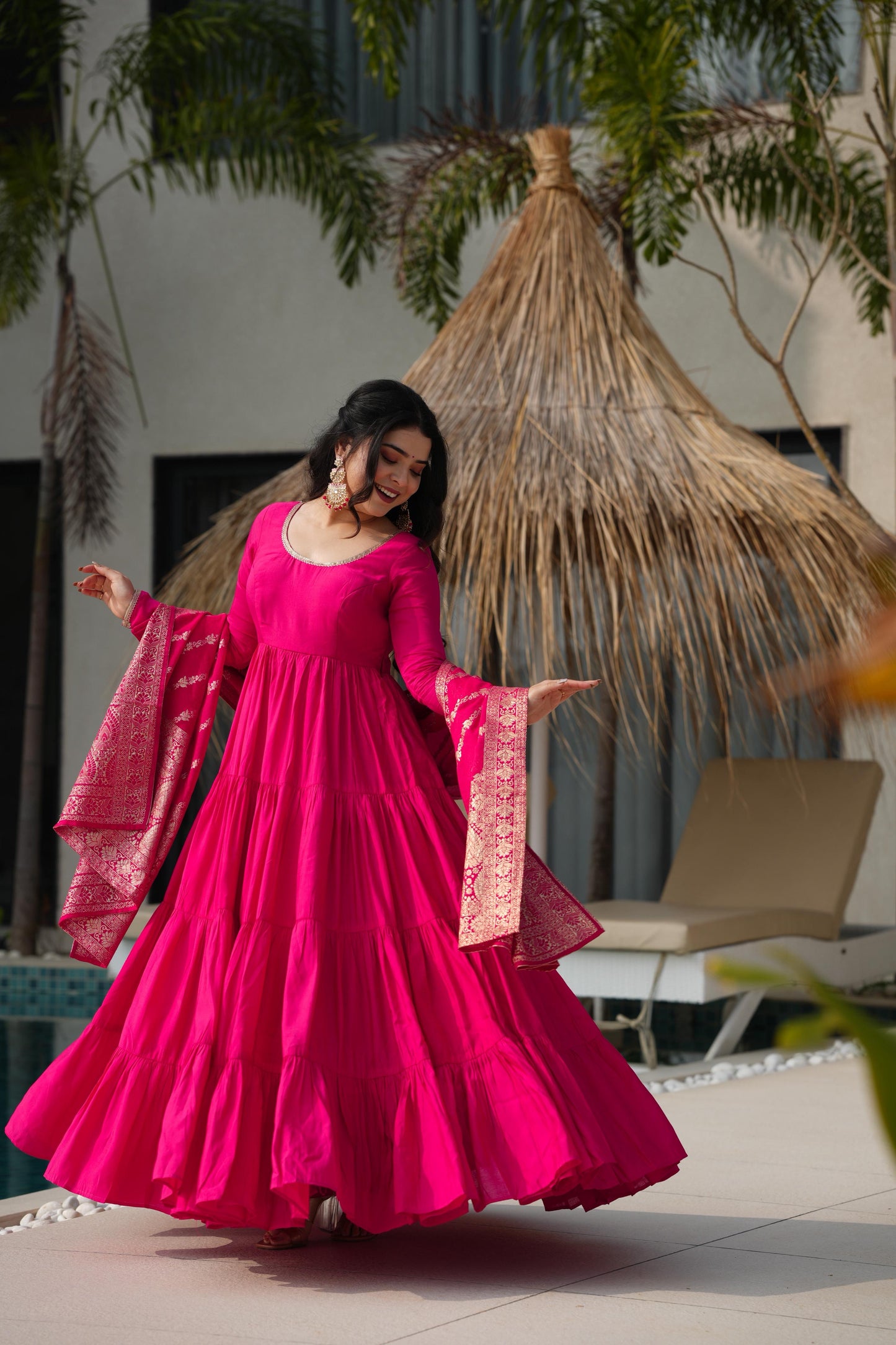 MD-164 PURE ROMANSILK CHANDERI FABRIC FULLY FLAIR ANARKALI,WITH DUPPTA SET,PENT READY TO WEAR