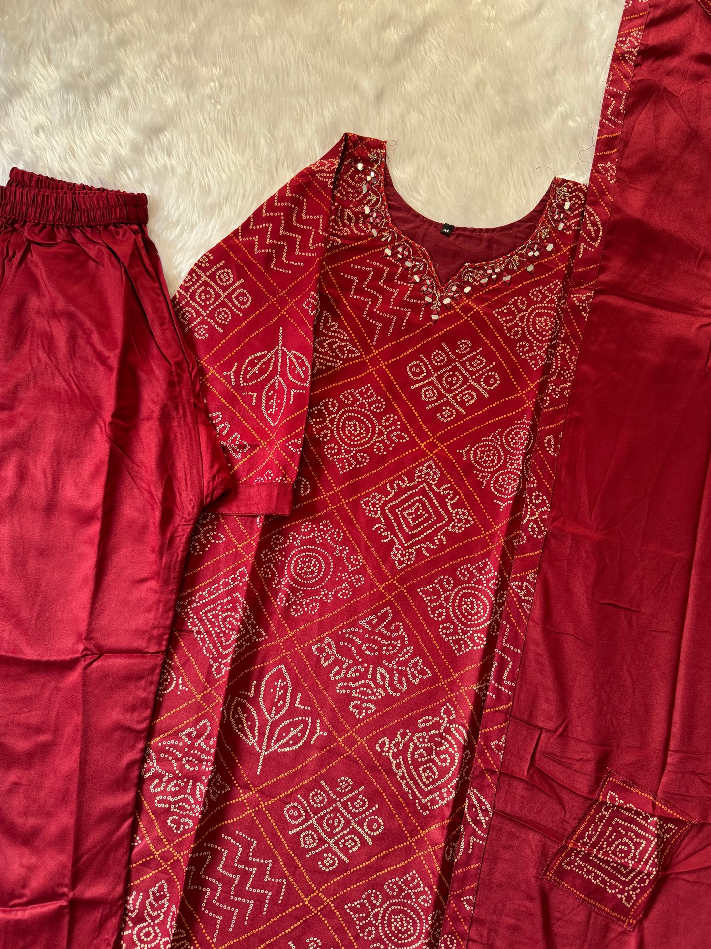 MD-114 pure gaji silk article with bandhani print with patch work and original mirror work