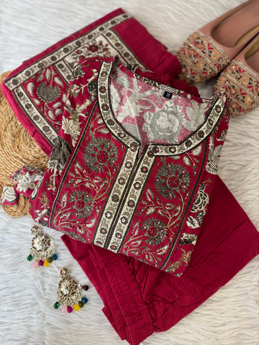 MD-190 
"Grace meets grandeur in this deep Rani pink  Anarkali set, featuring intricate floral prints and traditional borders — a perfect pick for festive charm and timeless elegance."