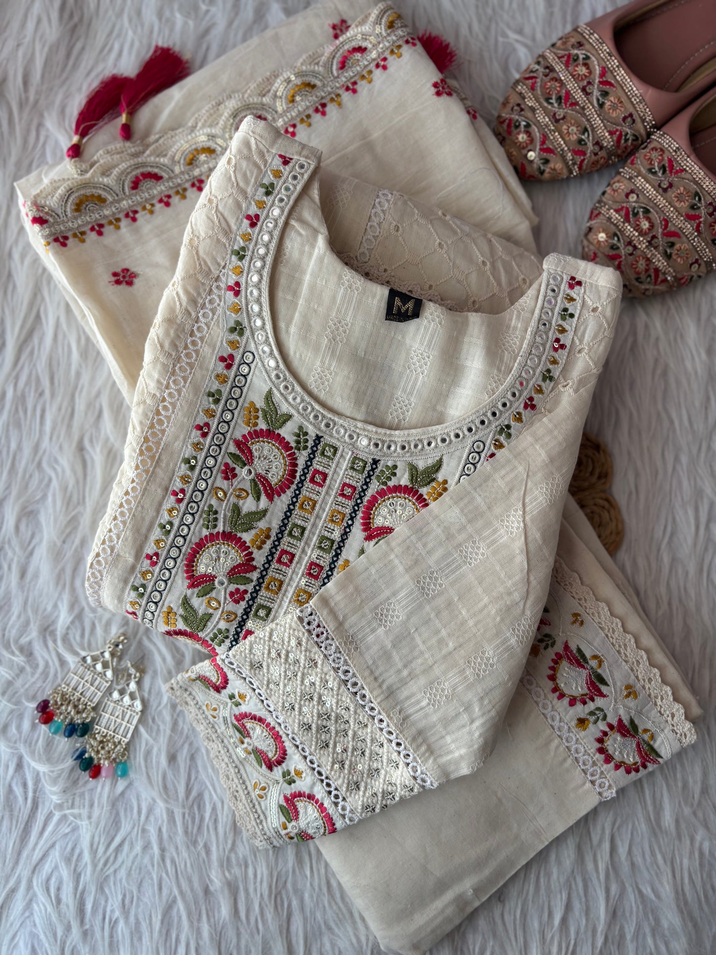MD-249 Timeless charm in every thread. This ivory suit set features delicate embroidery and intricate lace detailing, perfect for making a subtle yet sophisticated statement. ✨