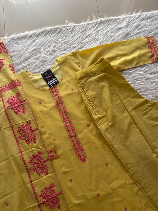 MD-258 Brighten up your wardrobe with this stunning three-piece ethnic ensemble. Crafted in a warm hue, this set perfectly balances traditional charm with a modern, clean silhouette.