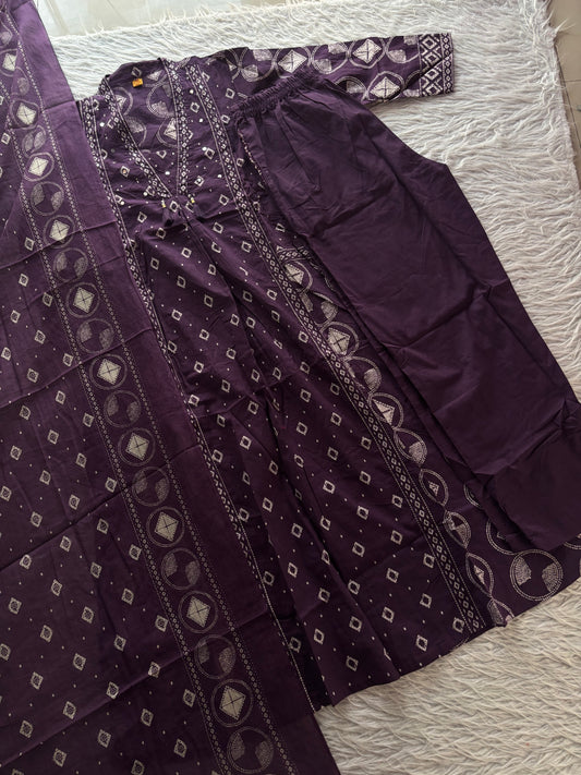 MD-267 Captions for Your Berry  Bandhani Set
Here are a few caption options tailored for different social media vibes, highlighting the intricate mirror work and classic Bandhani print of this outfit.