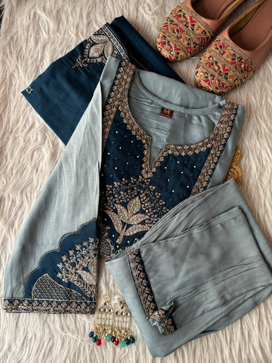 MD-219 Elegant and timeless 💙✨
A beautifully crafted traditional outfit featuring a soft sage  kurta paired with a dupatta, both adorned with intricate gold embroidery. Perfect for festive occasions or graceful everyday wear, this ens