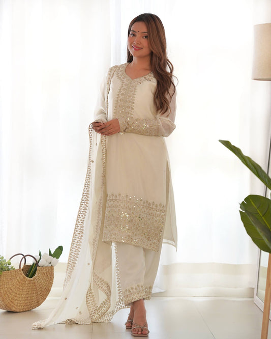 MD-245 This stunning three-piece ensemble captures the essence of sophisticated ethnic wear. Crafted in a luminous off-white silk-blend fabric, the outfit features intricate Zari and mirror-work embroidery that adds a touch of regal shimmer.