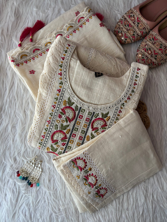 MD-249 Timeless charm in every thread. This ivory suit set features delicate embroidery and intricate lace detailing, perfect for making a subtle yet sophisticated statement. ✨