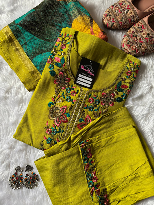 MD-185 Brighten up your ethnic wardrobe with this vibrant 3 Colour kurta set, adorned with intricate floral embroidery on the neckline — a perfect blend of elegance and tradition! 🌼✨