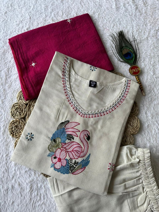 MD-254Hand-Embroidered Cotton Kurta Set with Rani Pink Dupatta❤️👗