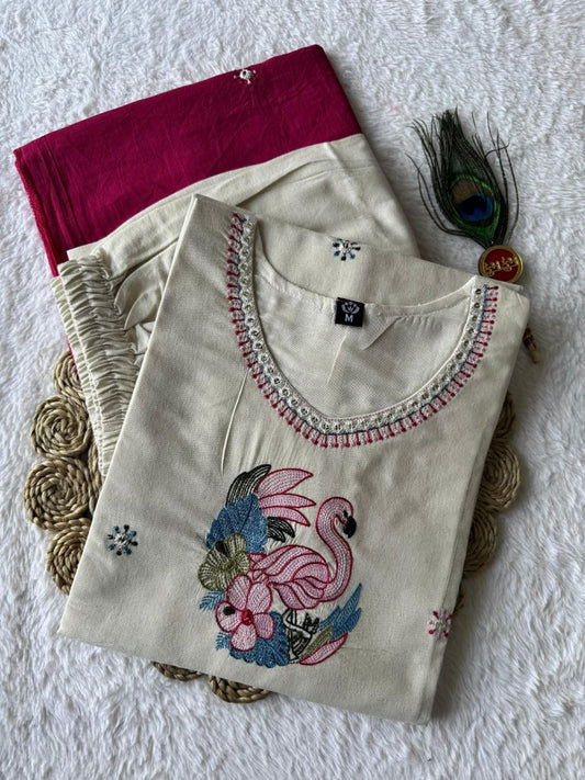 MD-254Hand-Embroidered Cotton Kurta Set with Rani Pink Dupatta❤️👗